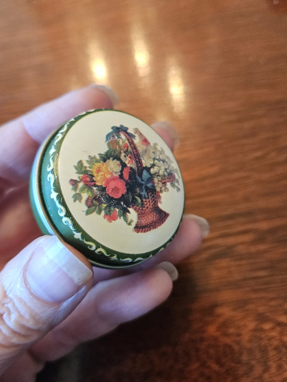 Vintage Pill Box- Small Decorative Floral Tin  Green